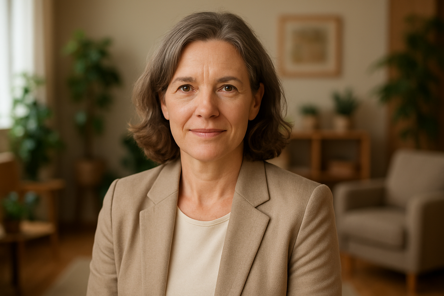 persona sexo femenino, 50 años, Psicóloga y facilitadora de Constelaciones Familiares con más de 18 años, mirando fijamente a la camara con fondo natural de  un consultorio 